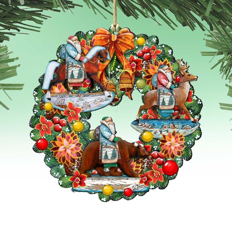 Traveling Santa Wreath Wooden Ornaments by G. DeBrekht – Christmas Decor – 8185307-2