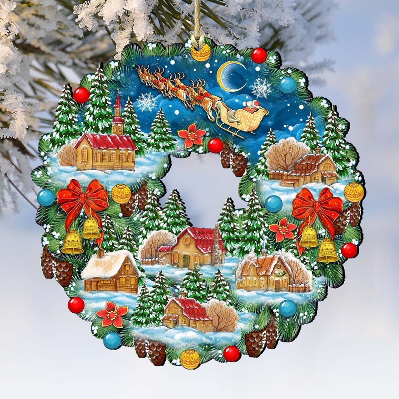Up-Up Wreath Wooden Ornaments by G. DeBrekht – Christmas Santa Snowman Decor – 8185315
