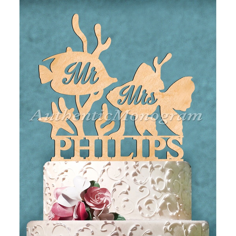 Wedding Cake Topper – Natural wood Custom Mr. & Mrs. Aquatic Life Cake Topper. Wedding, Initial, Celebration, Under the Sea, Beach Wedding