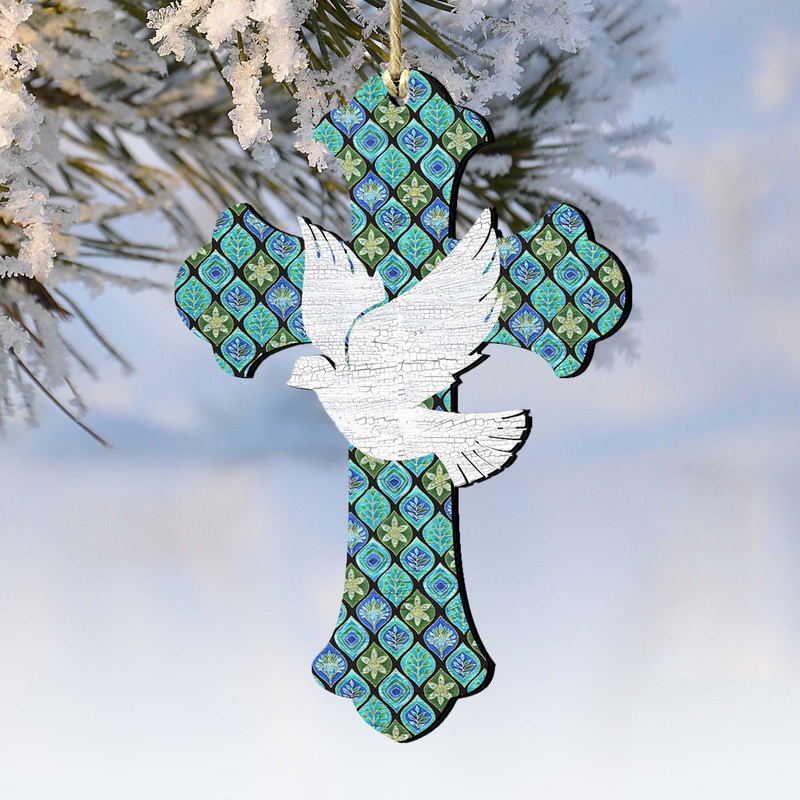 White Doves Cross Wooden Ornaments by G. DeBrekht – Nativity Holiday Decor – 8191163-2