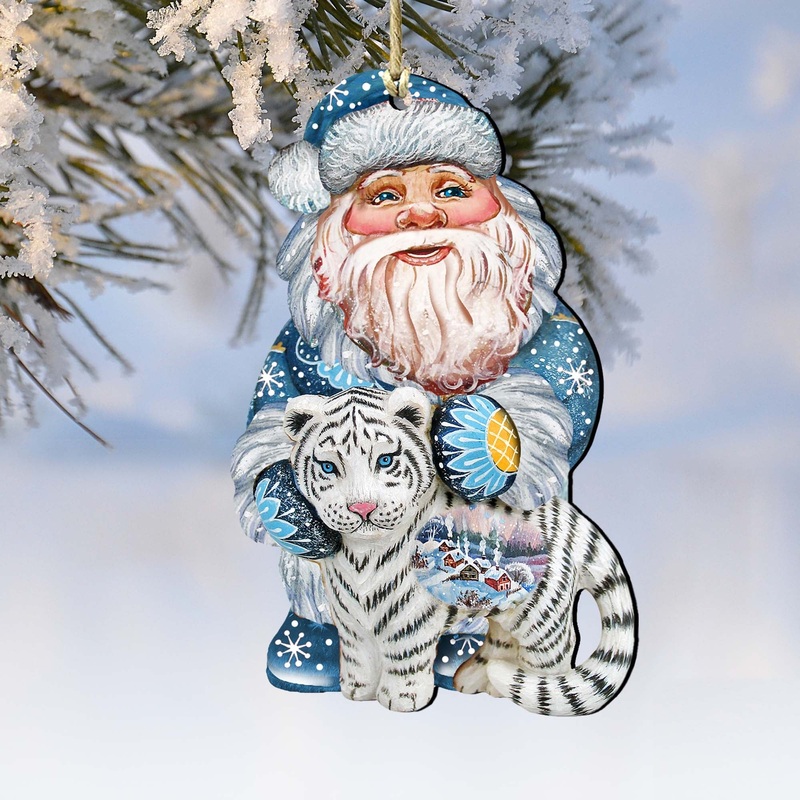 White Tiger Santa Wooden Ornaments by G. DeBrekht – Christmas Santa Snowman Decor – 8118091