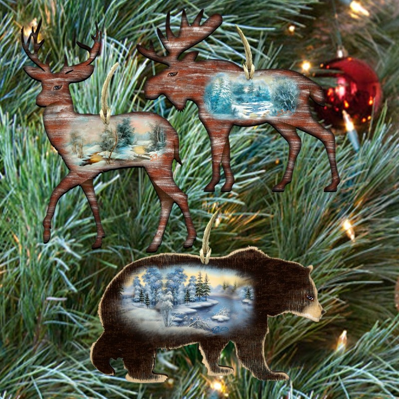 Wilderness Wooden Ornaments Set of 3 by G. DeBrekht – Wildlife Holiday Decor – 8100042S3