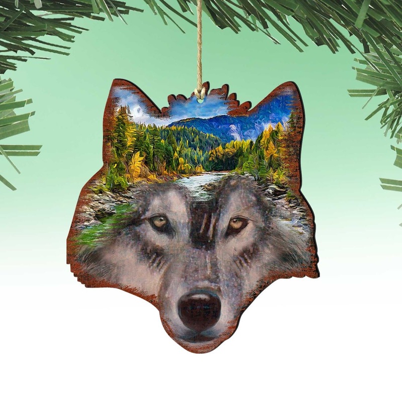 Wolf Face Wooden Ornaments by G. DeBrekht – Wildlife Holiday Decor – 8198227-4