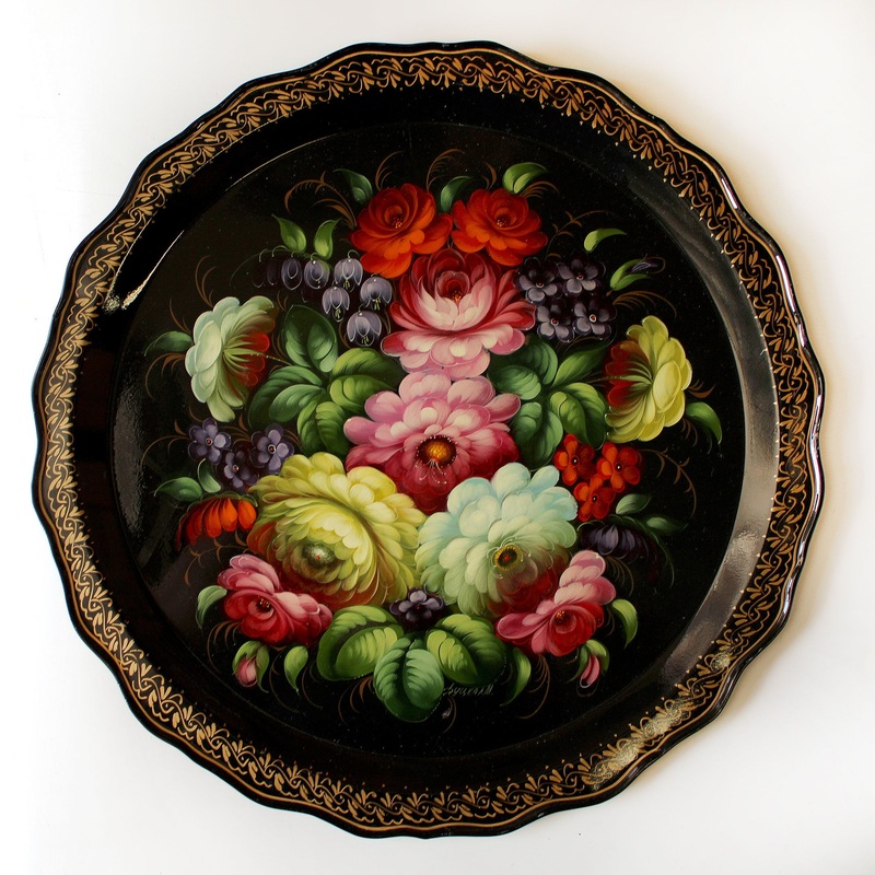 Authentic Hand-Painted Zhostovo Floral Black Metal Tray 17×17 – Exquisite Kitchenware and Gift – One-of-a-Kind Work of Art by  Functional Kitchenware Table and Unique Wall Decor