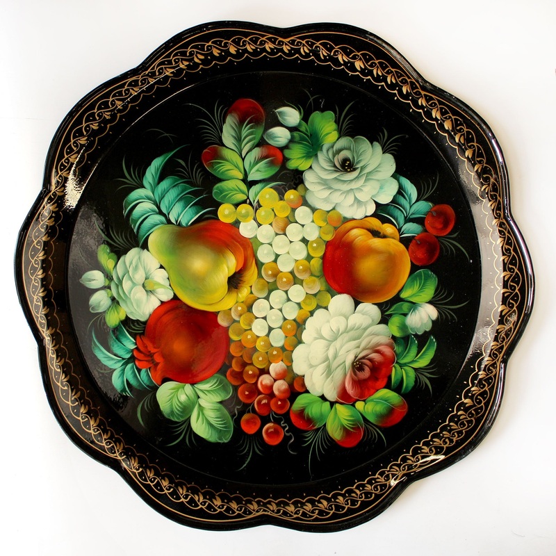 Authentic Hand-Painted Zhostovo Floral Metal Tray – 17 x 17 Decorative Kitchenware and Gift – One-of-a-Kind Work of Art by  – Functional Kitchenware for the Table and Unique Wall Decor