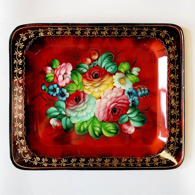 Authentic Zhostovo Floral Hand-Painted Black Metal Tray – 13 x 11 Inches  Kitchenware and Gift  Handmade Decorative Work of Art  One-of-a-Kind Piece by   Functional Kitchenware Table and Unique Wall Decor