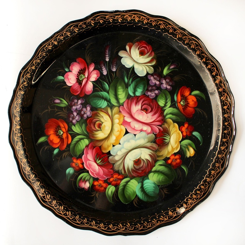 Authentic Zhostovo Floral Hand-Painted Black Metal Tray 17×17 – Kitchenware and Gift One-of-a-Kind Work of Art by  Functional Kitchenware Table and Unique Wall Decor