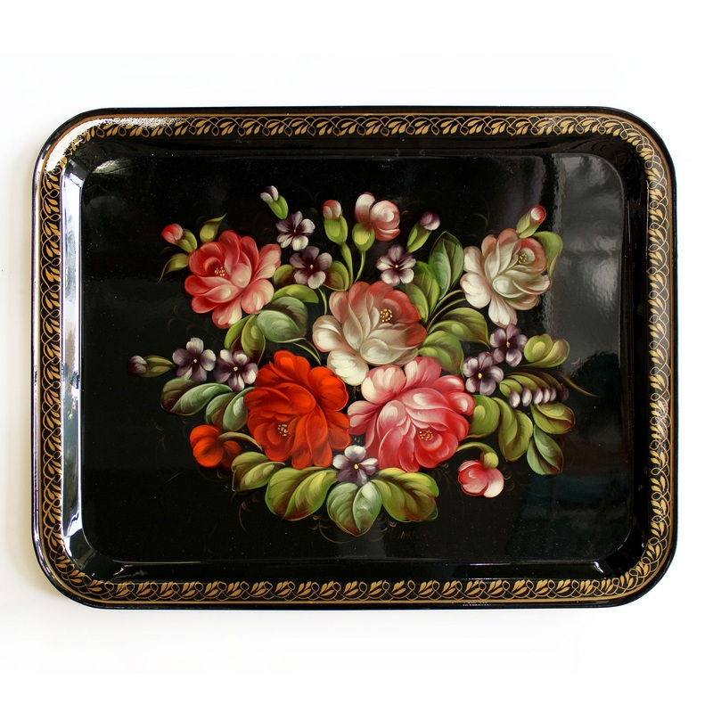 Authentic Zhostovo Floral Hand-Painted Black Metal Tray – 18×14 Kitchenware and Gift – Handmade Decorative Art – One-of-a-Kind Piece by  Functional Kitchenware Table and Unique Wall Dcor