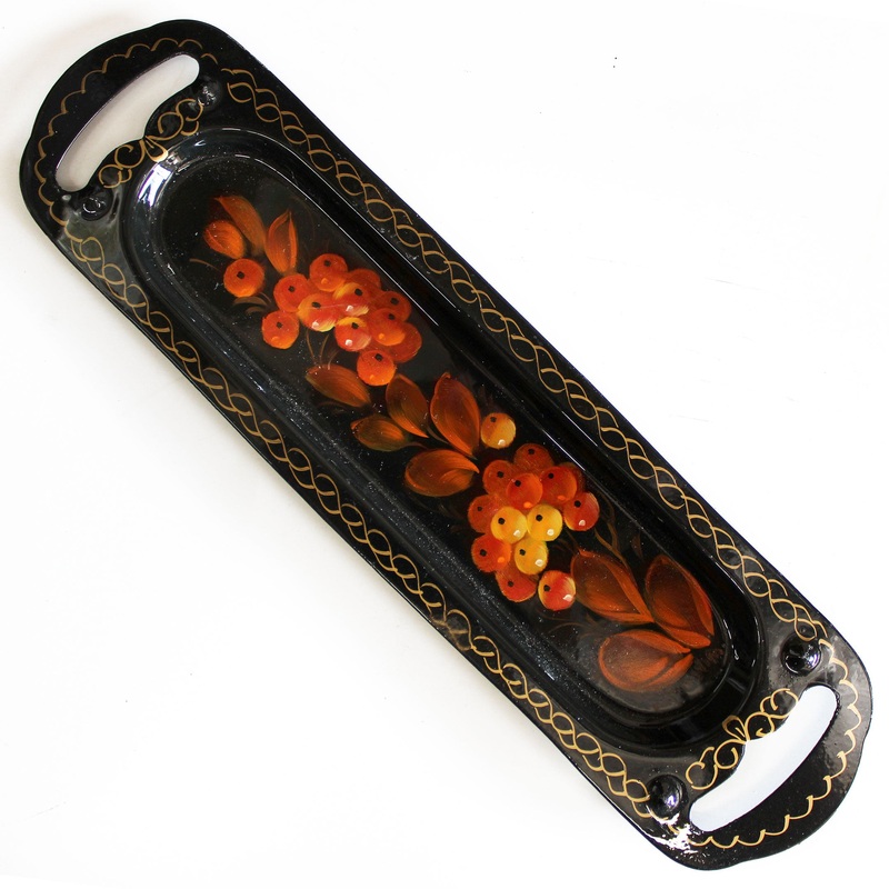 Authentic Zhostovo Floral Hand-Painted Black Metal Tray – Kitchenware and Decorative Work of Art – One-of-a-Kind Piece by  – 10 x 3 – Functional Kitchenware and Unique Wall Decor