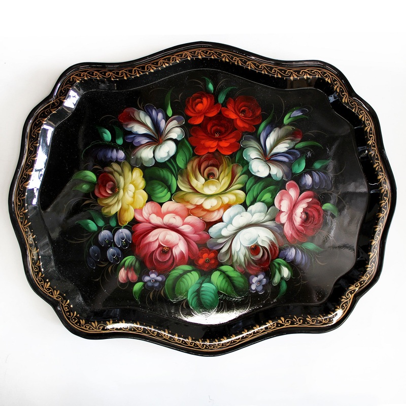 Authentic Zhostovo Floral Hand-Painted Black Metal Tray One-of-a-Kind Work of Art by  18 x 14 Kitchenware Gift Decoration Functional Kitchenware Table and Unique Wall Decor