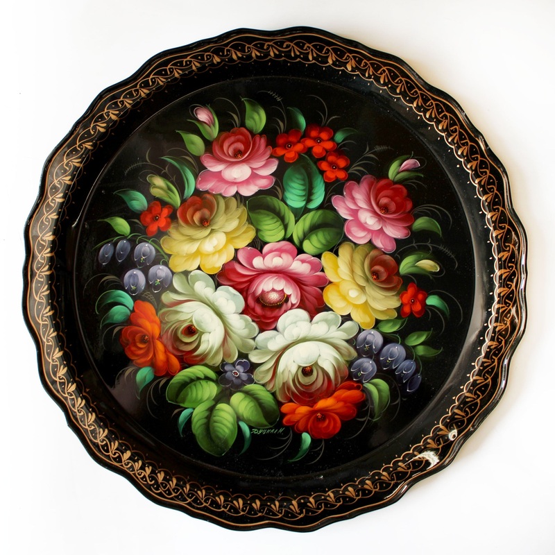 Authentic Zhostovo Floral Hand-Painted Metal Tray – 17 One-of-a-Kind Work of Art by  – Kitchenware and Gift Decorative Art Functional Kitchenware Table and Unique Wall Decor
