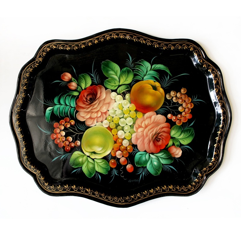 Authentic Zhostovo Floral Hand-Painted Metal Tray – 18×14 Kitchenware and Gift – Handmade Decorative Art One-of-a-Kind Work of Art by  Functional Kitchenware Table and Unique Wall Decor