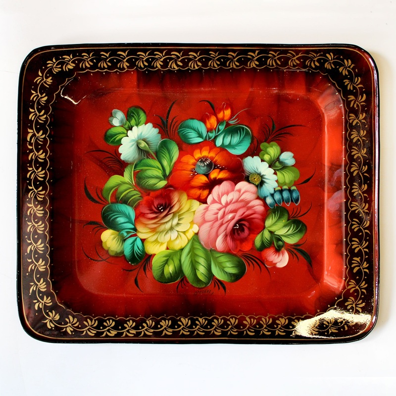 Authentic Zhostovo Hand-Painted Black Metal Tray – Floral Kitchenware Gift One-of-a-Kind Work of Art by  13 x 11 – Functional Kitchenware Table and Unique Wall Decor