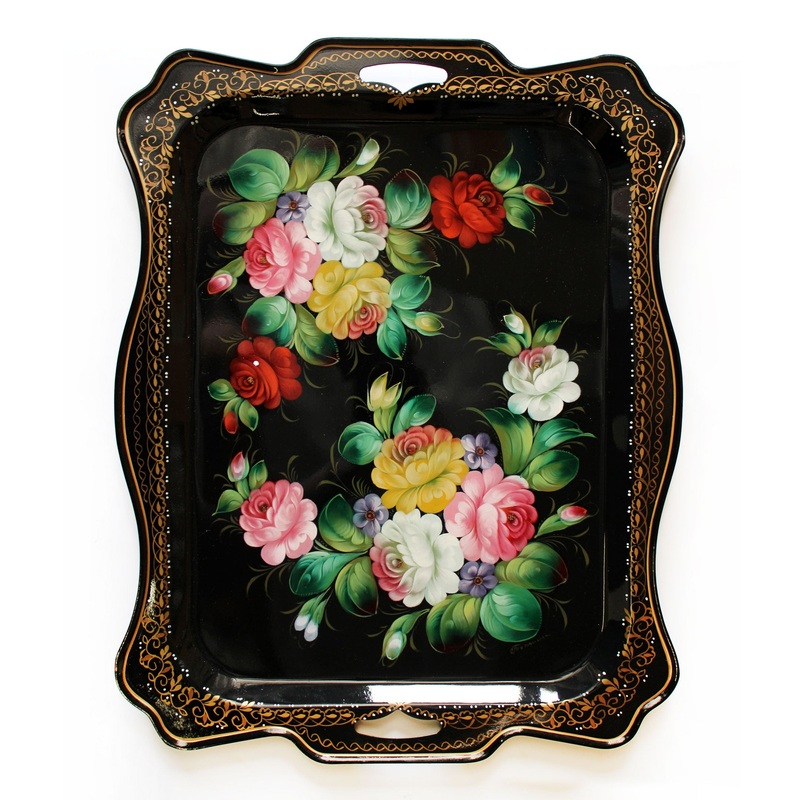 Authentic Zhostovo Hand-Painted Floral Metal Tray 20×15 – Unique Kitchenware and Decorative Gift One-of-a-Kind Work of Art by  – Functional Kitchenware Table and Unique Wall Decor