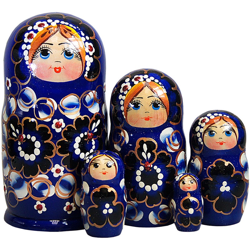 Blue Floral Matreshka Nesting Hand-Painted Doll Set of 5 by G. DeBrekht – Christmas Decor – 140151B
