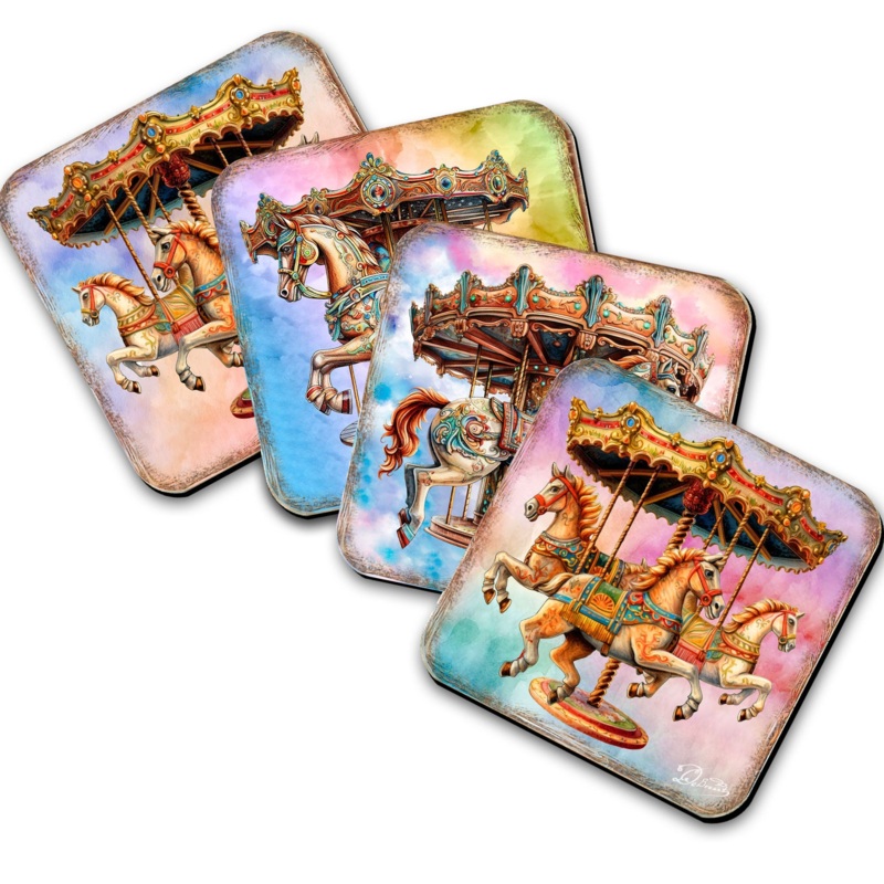 Carousel Horses Wooden Cork Coasters Gift Set of 4 by G. Debrekht – Christmas Decor  – 8199439C-S4