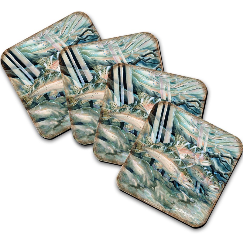Catch the Rainbow Trout Wooden Cork Coasters Gift Set of 4 by J. Bergsma – Coastal Wildlife Decor  – 8199463C-S4