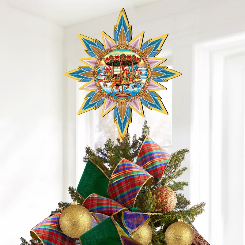 Christmas Carousel Star Tree Topper Wooden Decor by G. Debrekht – Carousel Holiday Decor – 89506