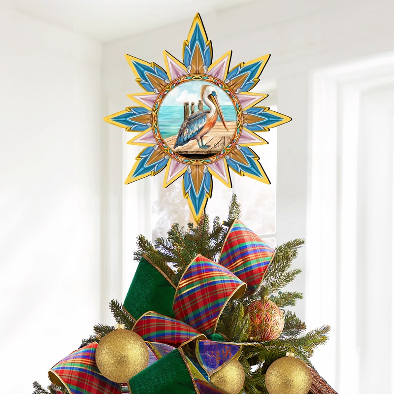 Coastal Pelican Star Tree Topper Wooden Decor by G. Debrekht – Wildlife Holiday Decor – 89514