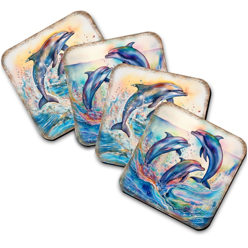 Dolphins Wooden Cork Coasters Gift Set of 4 by G. Debrekht – Coastal Holiday Decor  – 8199450-3C-S4