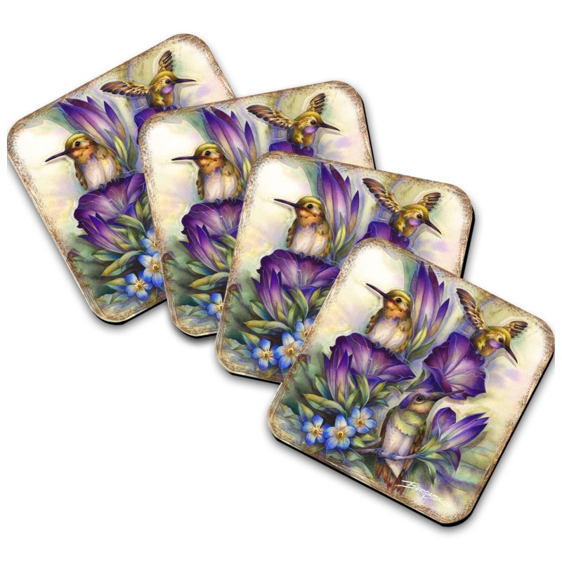 Everlasting Friendship Hummingbirds Wooden Cork Coasters Gift Set of 4 by J. Bergsma – Wildlife Decor  – 8199464C-S4