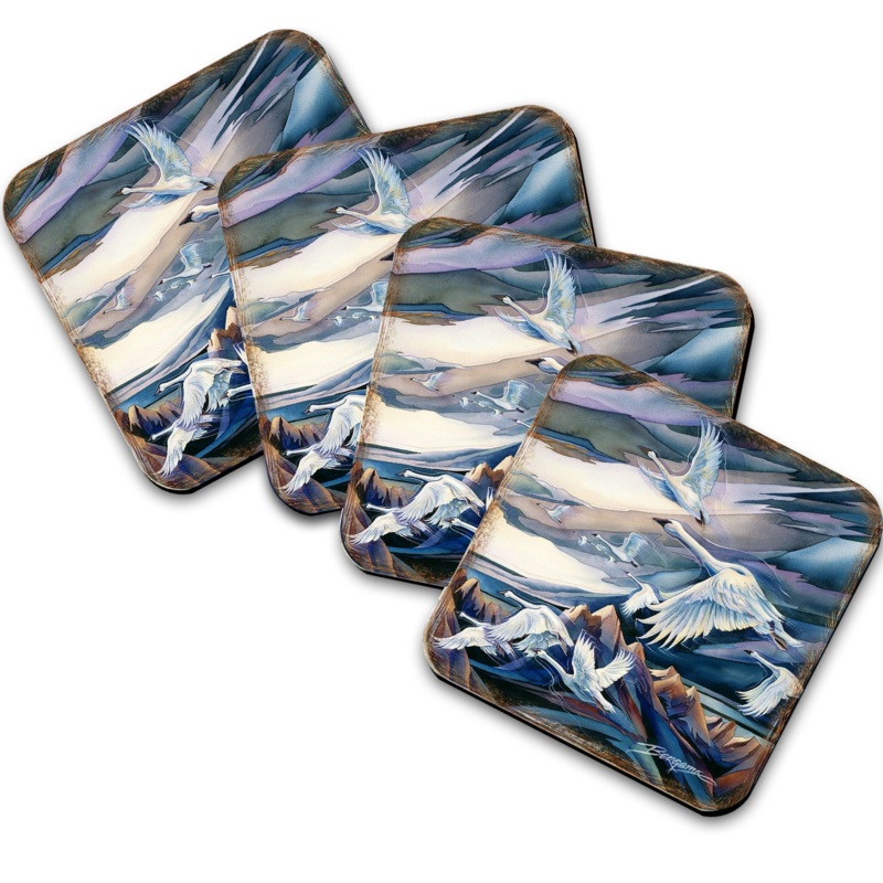 Flying Swans Wooden Cork Coasters Gift Set of 4 by J. Bergsma – Coastal Decor  – 8199457C-S4