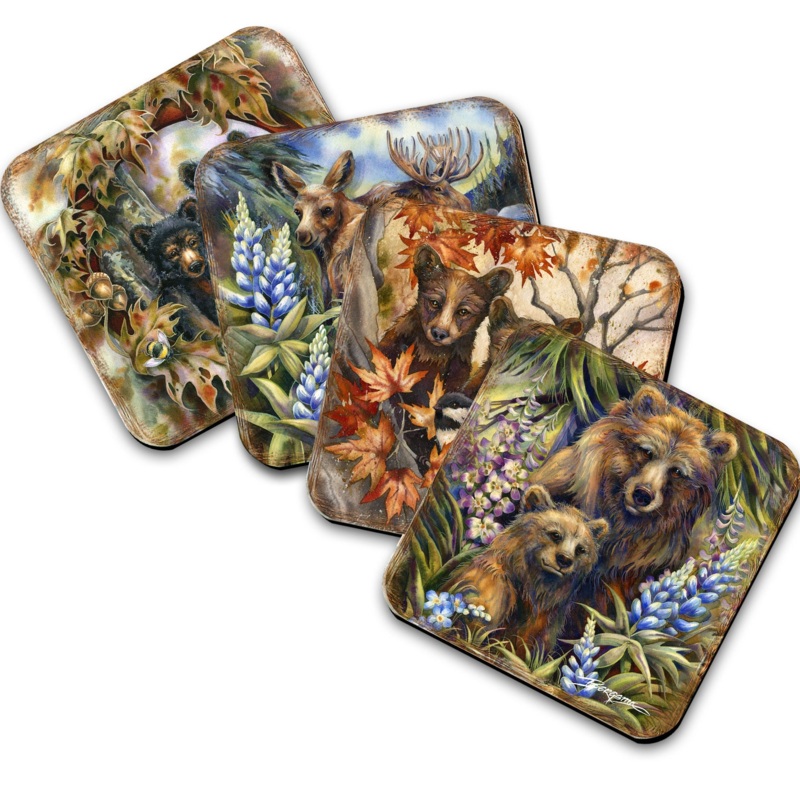 Forest Friends Wooden Cork Coasters Gift Set of 4 by J. Bergsma – Wildlife Decor  – 8199455C-S4