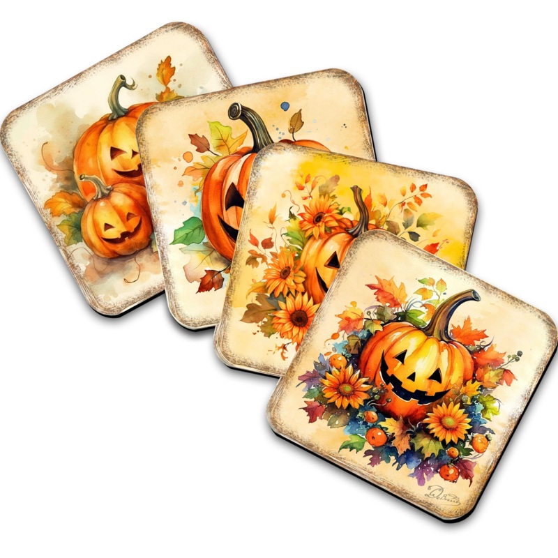Halloween Pumpkin Wooden Cork Coasters Gift Set of 4 by G. Debrekht – Thanksgiving Decor  – 8199448C-S4