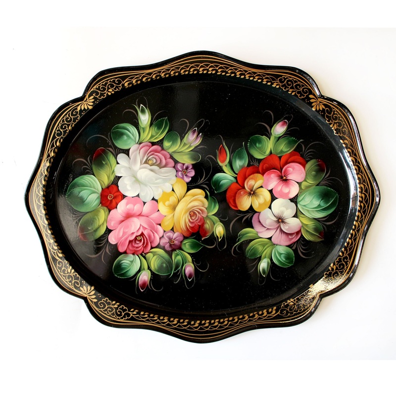 Hand-Painted Zhostovo Floral Black Metal Tray – 15 x 12 One-of-a-Kind Work of Art by  – Unique Kitchenware and Decorative Gift Art for Functional Kitchenware Table and Wall Decor
