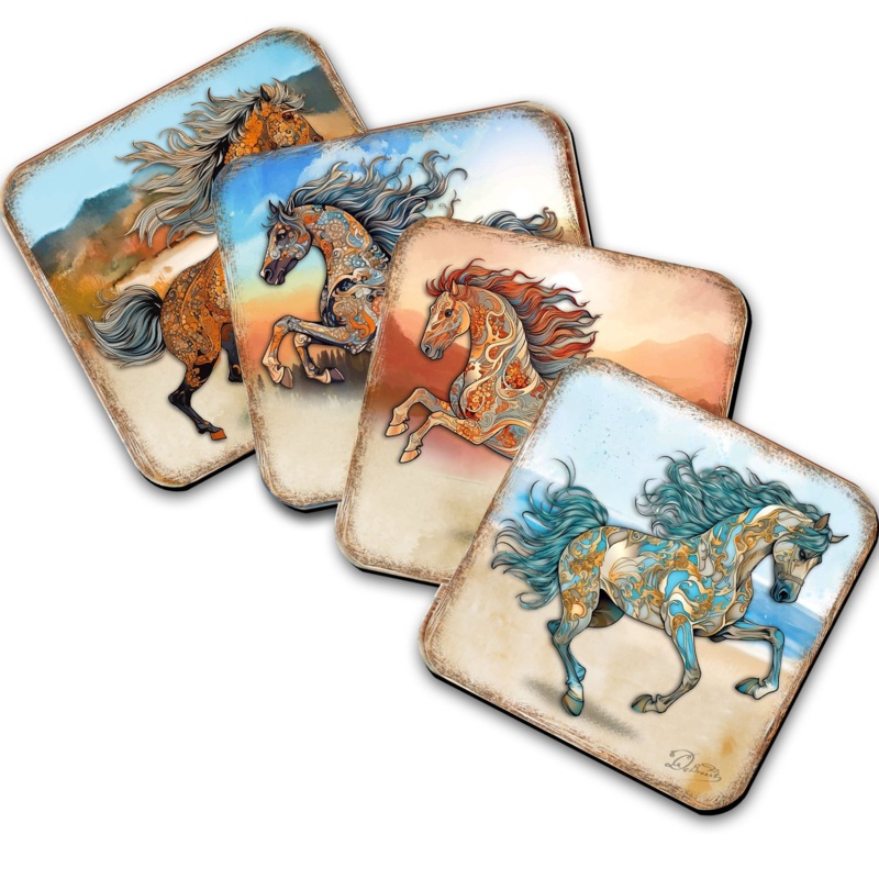 Horses Wooden Cork Coasters Gift Set of 4 by G. Debrekht – Wildlife Decor  – 8199444C-S4
