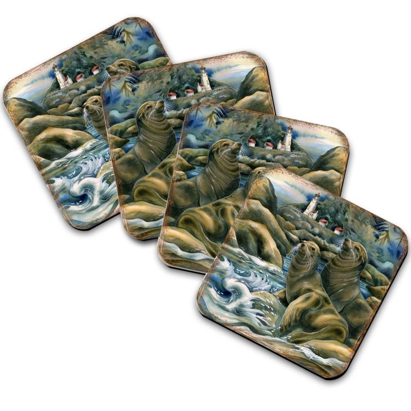 Lions of the Sea Wooden Cork Coasters Gift Set of 4 by J. Bergsma – Coastal Wildlife Decor  – 8199466C-S4