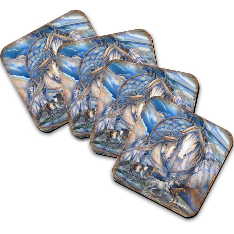 Mustangs Dream Catcher Wooden Cork Coasters Gift Set of 4 by J. Bergsma – Wildlife Decor  – 8199469C-S4