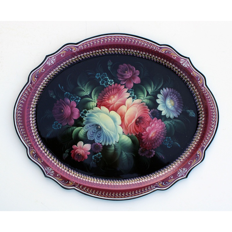 One-of-a-Kind Authentic Zhostovo Hand-Painted Metal Tray by Olga Koshkina 21x17Functional Kitchenware Table and Unique Wall Decor