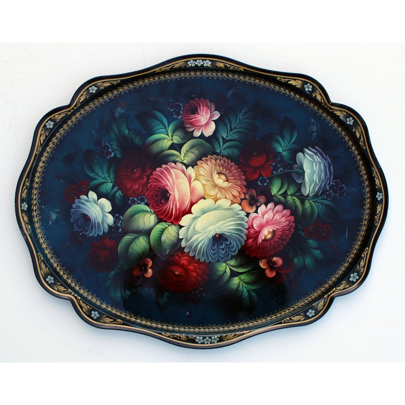 One-of-a-Kind Authentic Zhostovo Hand-Painted Metal Tray by Olga Koshkina 24×18 – Functional Kitchenware and Unique Wall Decor