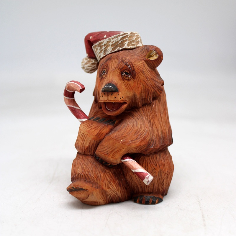 One-of-a-Kind Bear with Candy Cane WOODCARVED Figurine 4x3x25 by GDeBrekht – Unique Handcrafted and Handpainted Collectible