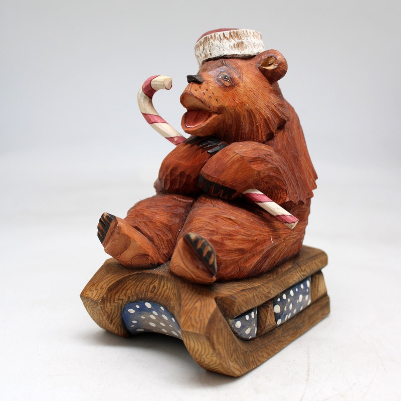 One-of-a-Kind Bear with Candy Cane WOODCARVED Figurine 6×4.5×3.5  by , – Unique Handcarved and Handpainted Collectible