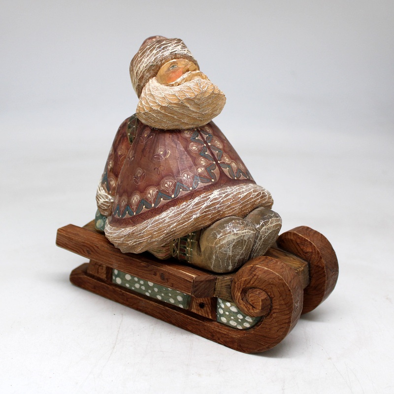 One-of-a-Kind Santa with Bag on Sleigh WOODCARVED Figurine 6x6x35 inches by  – – Unique Handcarved and Handpainted Collectible