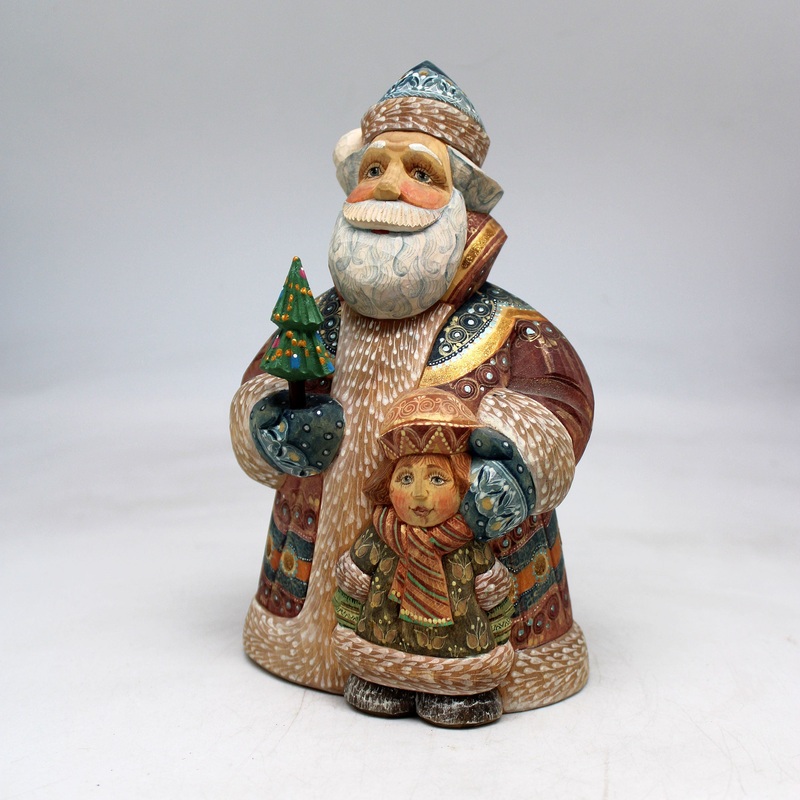 One-of-a-Kind Santa with Boy WOODCARVED Figurine 7x3x4.5  by , – Unique Handcarved and Handpainted Collectible