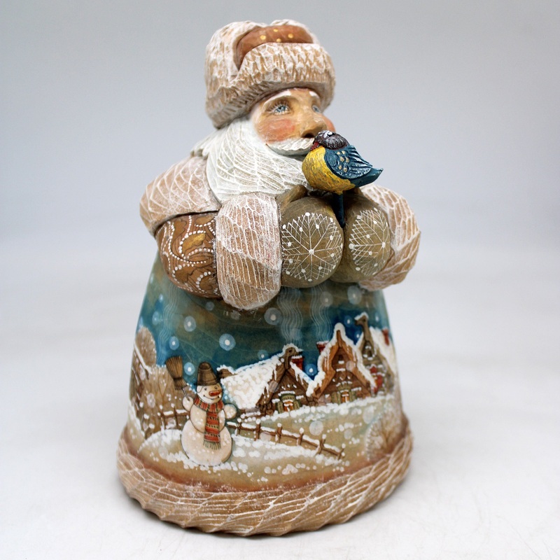 One-of-a-Kind Winter Village Santa with Bird WOODCARVED Figurine 6.5×4.5×4.5  by , – Unique Handcarved and Handpainted Collectible