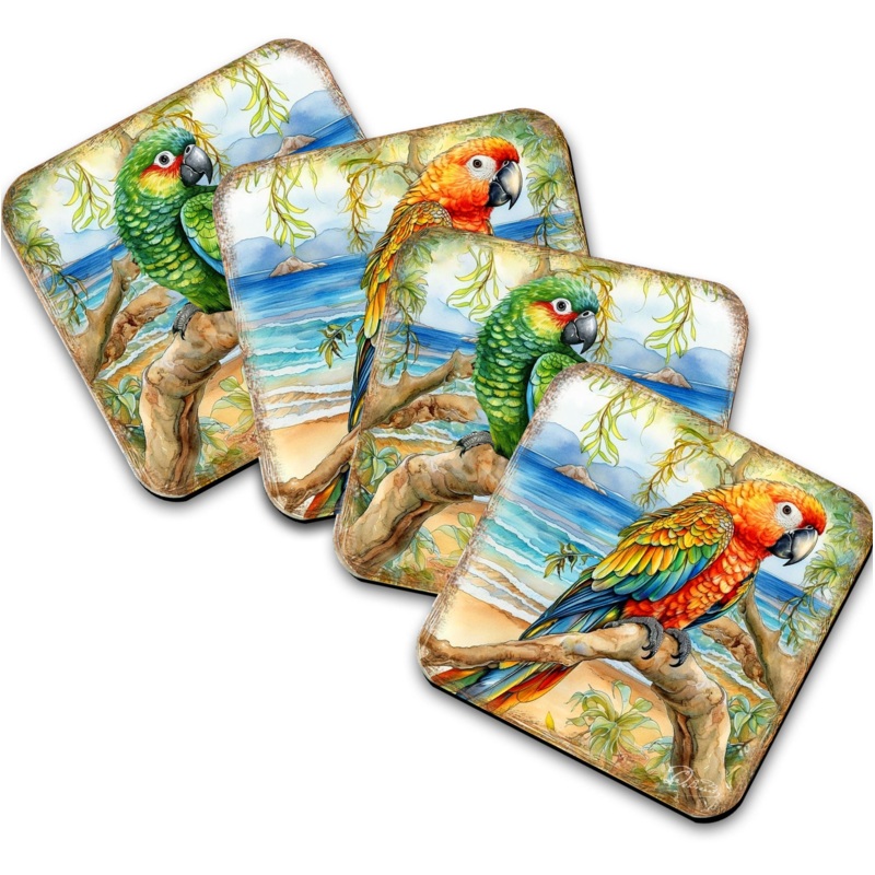Parrots Wooden Cork Coasters Gift Set of 4 by G. Debrekht – Coastal Holiday Decor  – 8199451C-S4