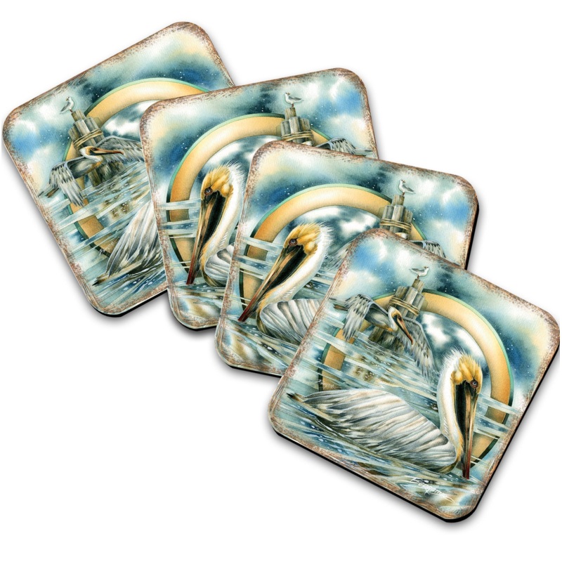 Pelicans Wooden Cork Coasters Gift Set of 4 by J. Bergsma – Coastal Holiday Decor  – 8199460C-S4
