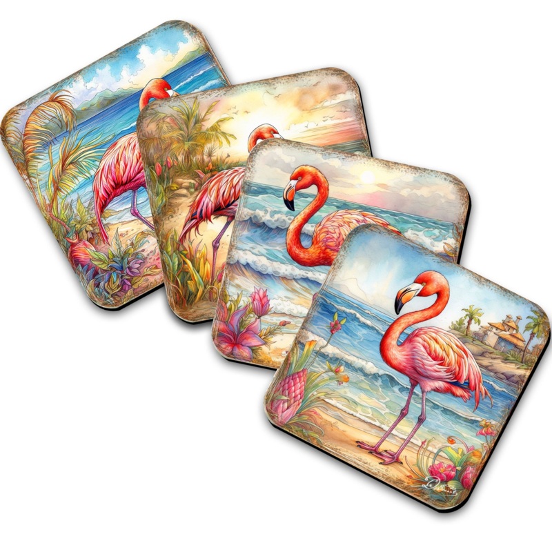 Pink Flamingo Wooden Cork Coasters Gift Set of 4 by G. Debrekht – Coastal Decor  – 8199440C-S4