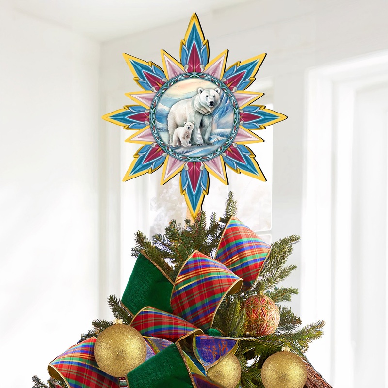 Polar Bear with Cub Star Tree Topper Wooden Decor by G. Debrekht – Wildlife Holiday Decor – 89509