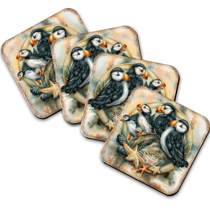 Puffins Wooden Cork Coasters Gift Set of 4 by J. Bergsma – Coastal Wildlife Decor  – 8199462C-S4