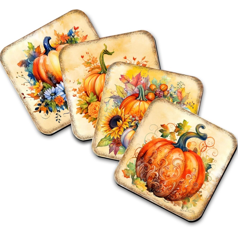 Pumpkin Wooden Cork Coasters Gift Set of 4 by G. Debrekht – Thanksgiving Decor  – 8199447C-S4