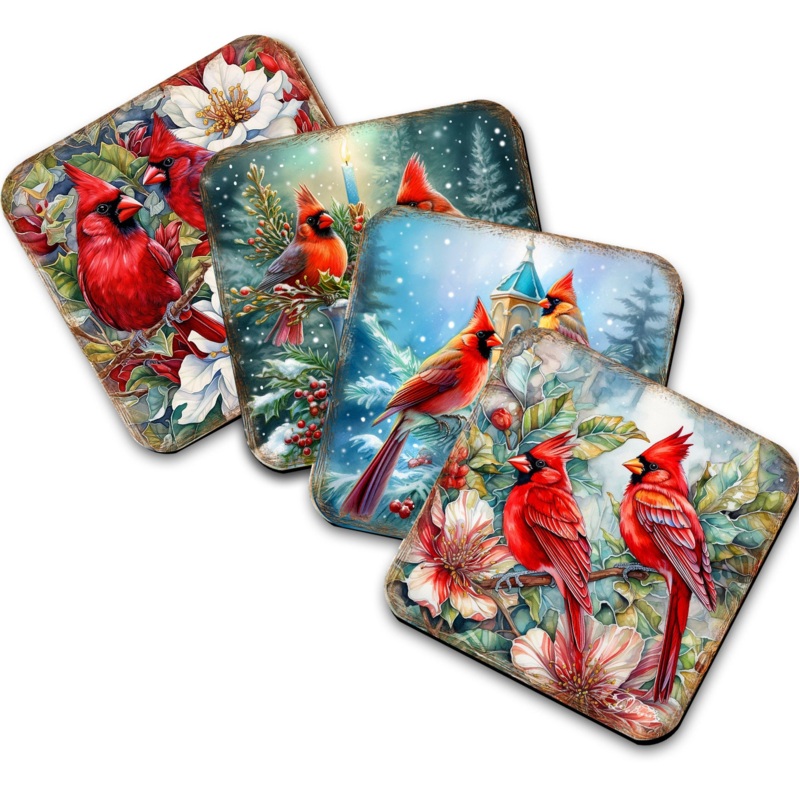 Red Cardinals Wooden Cork Coasters Gift Set of 4 by G. Debrekht – Wildlife Decor  – 8199452C-S4