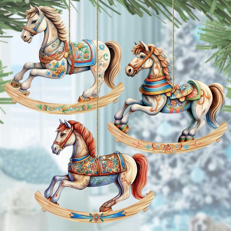Rocking Horses Wooden Ornaments Set of 3 by G. Debrekht – Christmas Decor – 8100196S3
