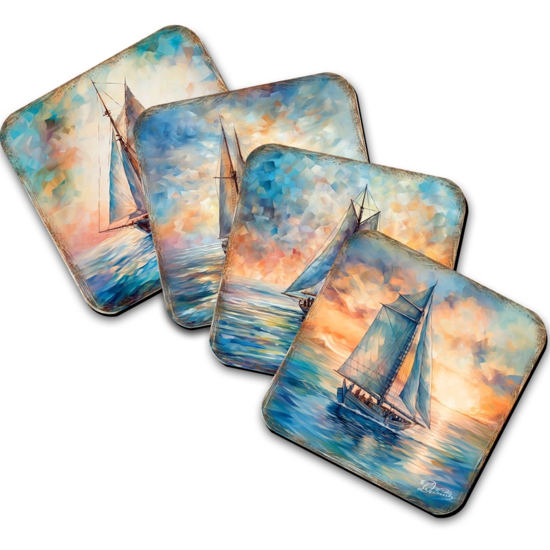 Sail Boats Wooden Cork Coasters Gift Set of 4 by G. Debrekht – Coastal Holiday Decor  – 8199450-2C-S4