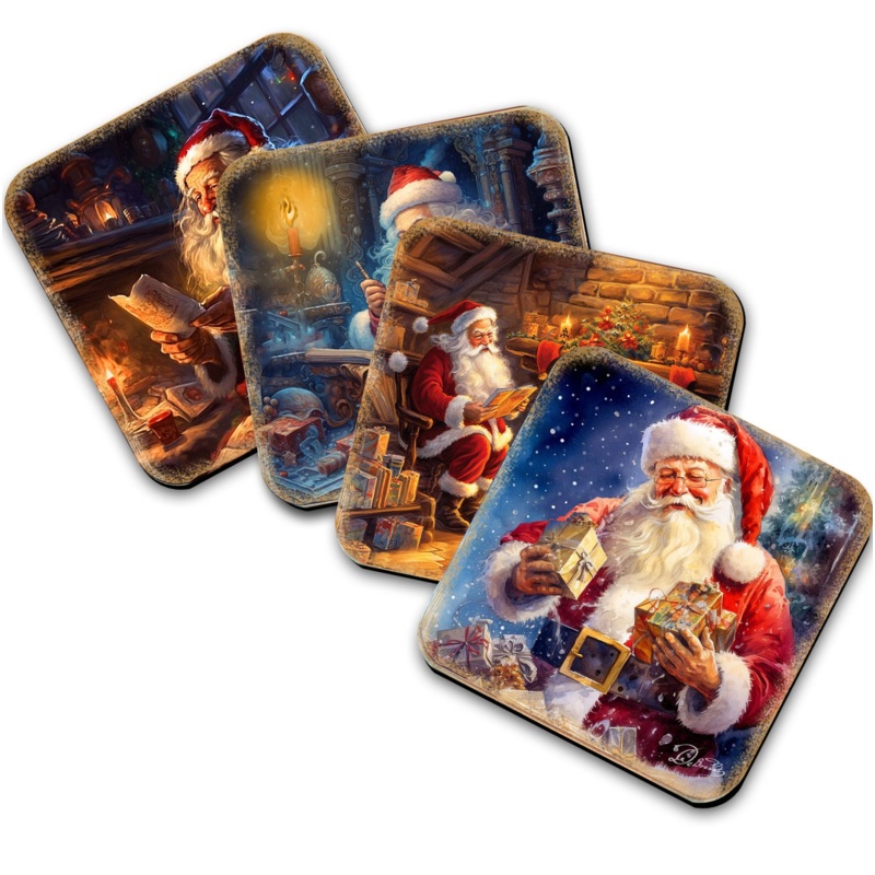 Santa Claus Wooden Cork Coasters Gift Set of 4 by G. Debrekht – Santa Christmas Decor  – 8199442C-S4