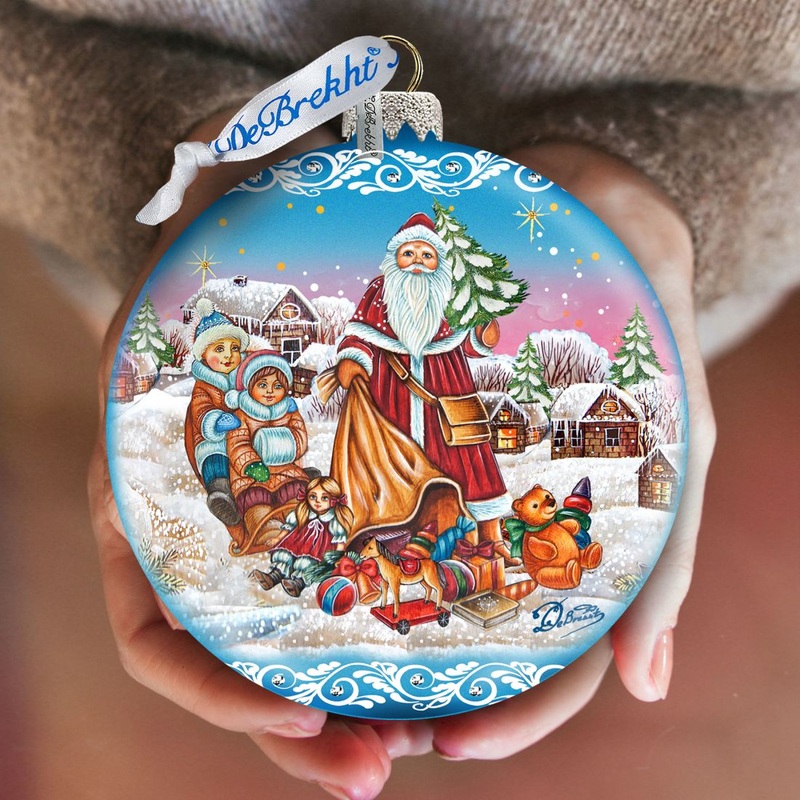 Santa Gift Giver Blue Ball Glass Ornament Limited Edition by G. DeBrekht – Christmas Santa Snowman Decor – 73874B